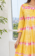 Yellow Cotton Mirror Buti Work Flare Kurti