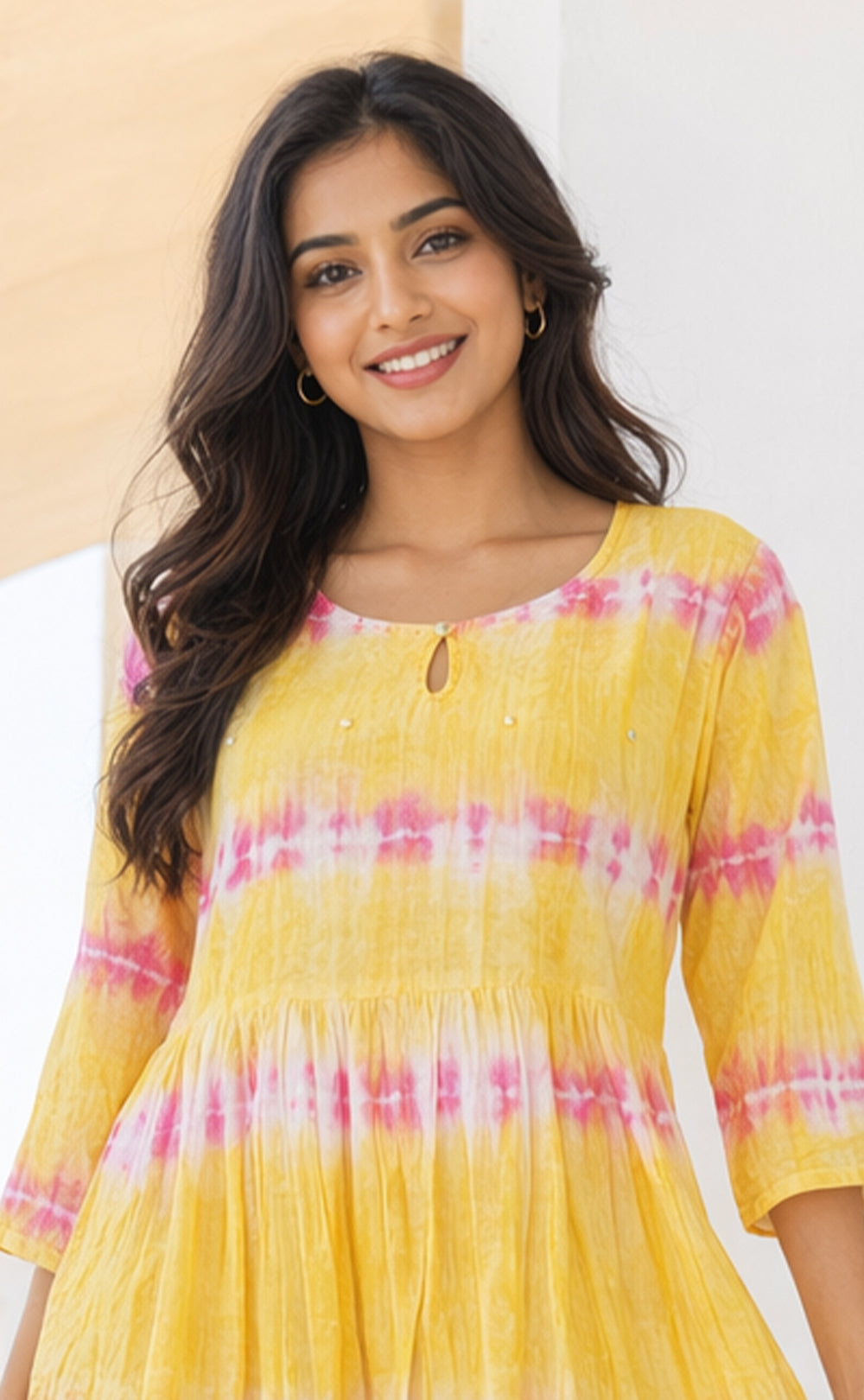 Yellow Cotton Mirror Buti Work Flare Kurti