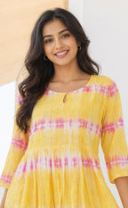 Yellow Cotton Mirror Buti Work Flare Kurti