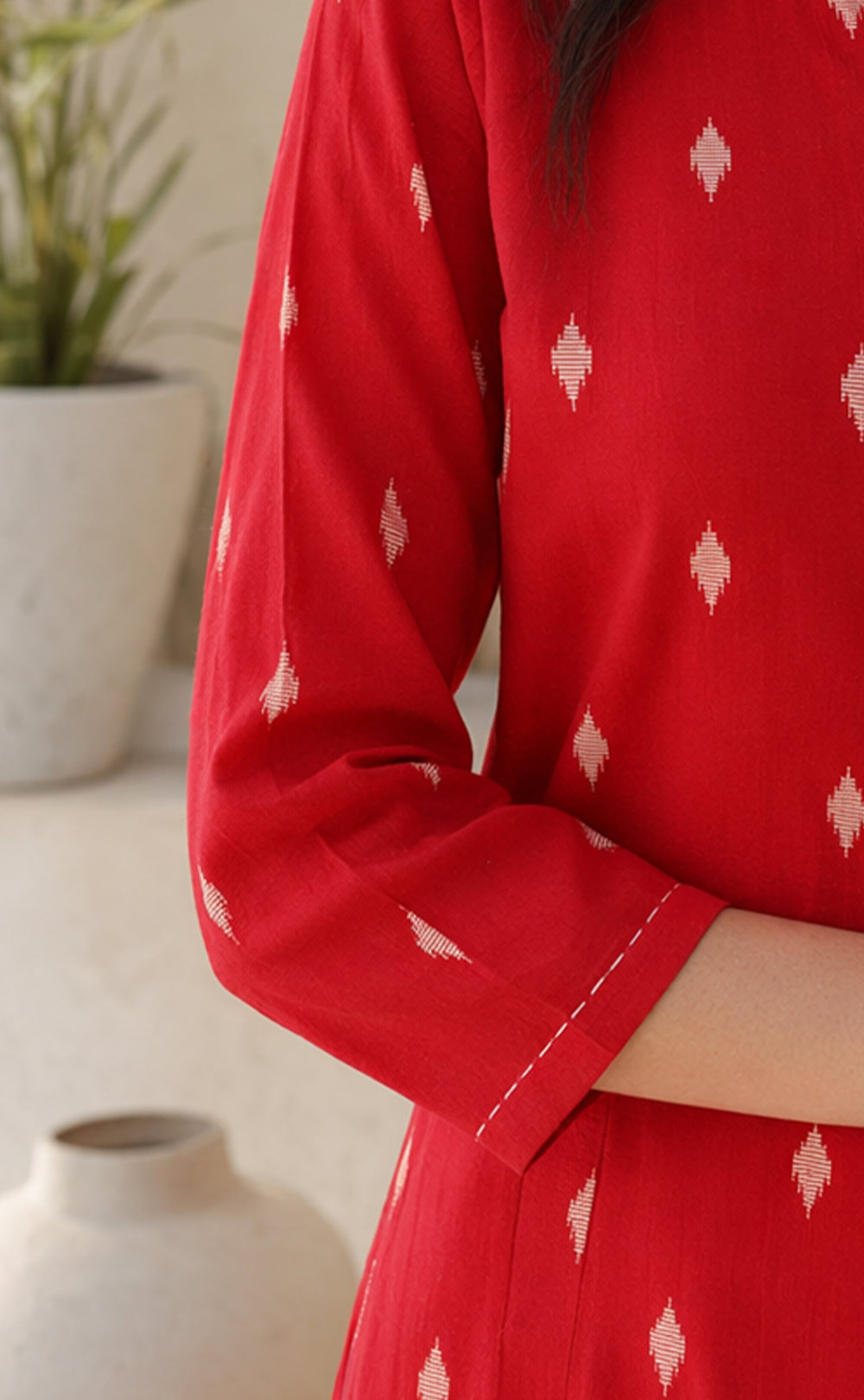 Tomato Red Cotton All-Over Ikkat Printed Flare Kurti