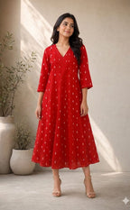 Tomato Red Cotton All-Over Ikkat Printed Flare Kurti