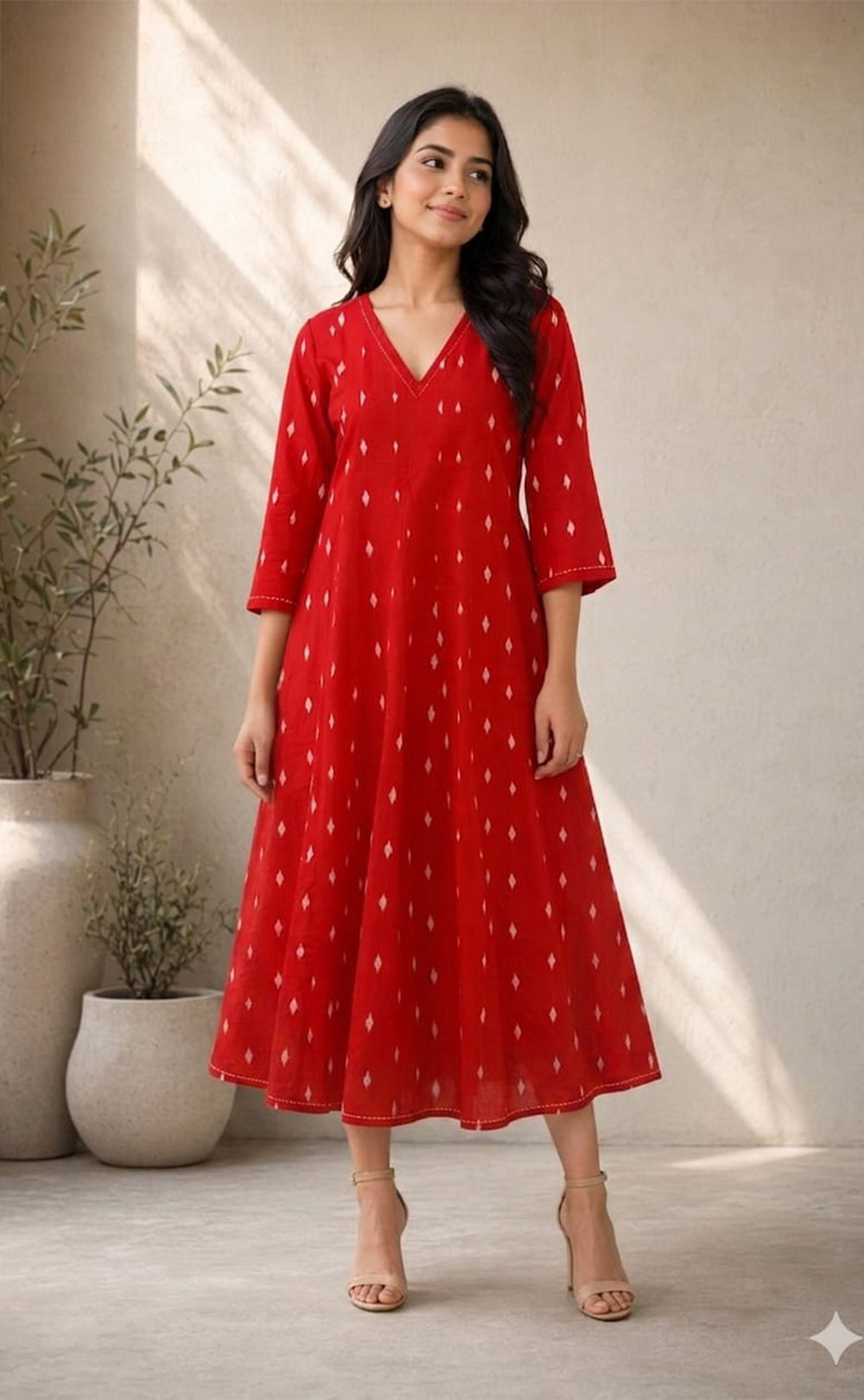 Tomato Red Cotton All-Over Ikkat Printed Flare Kurti