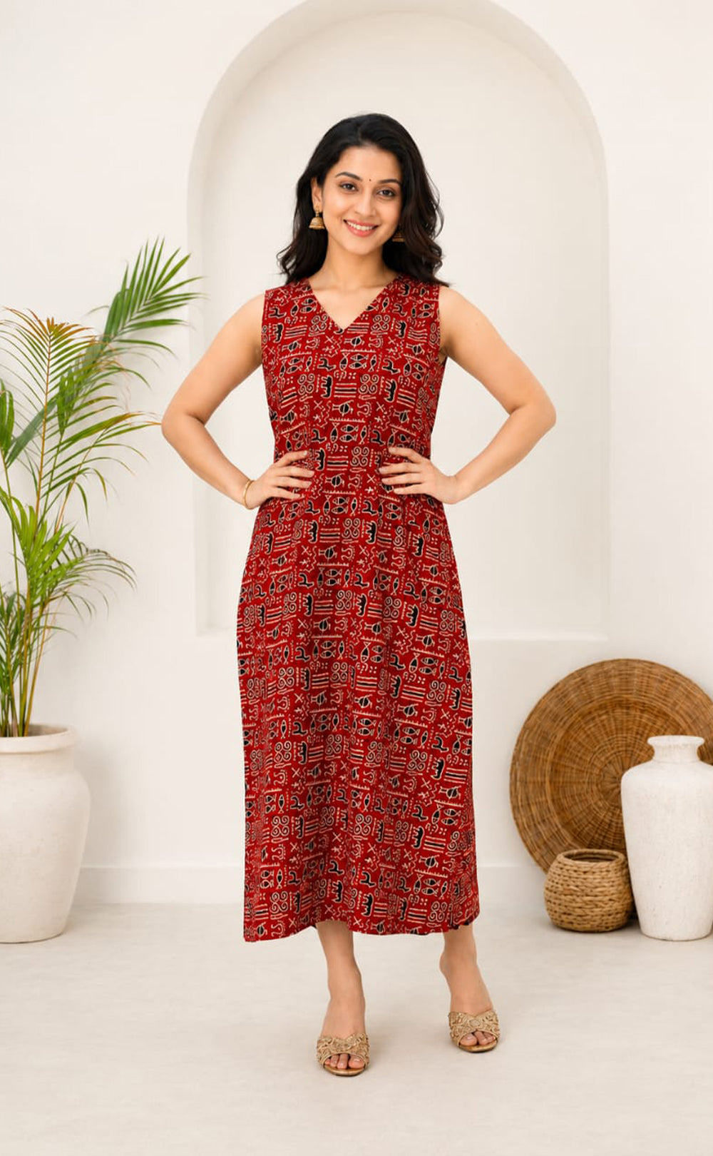 Marron Cotton All-Over Kalamkari Printed Long Straight Kurti 3 piece Combo With Sling Bag