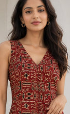 Marron Cotton All-Over Kalamkari Printed Long Straight Kurti 3 piece Combo With Sling Bag