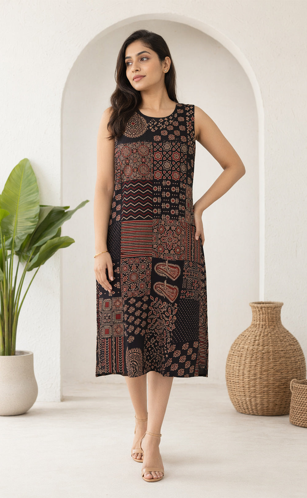 Black Cotton All-Over Kalamkari Printed Long Straight Kurti 3 piece Combo With Sling Bag