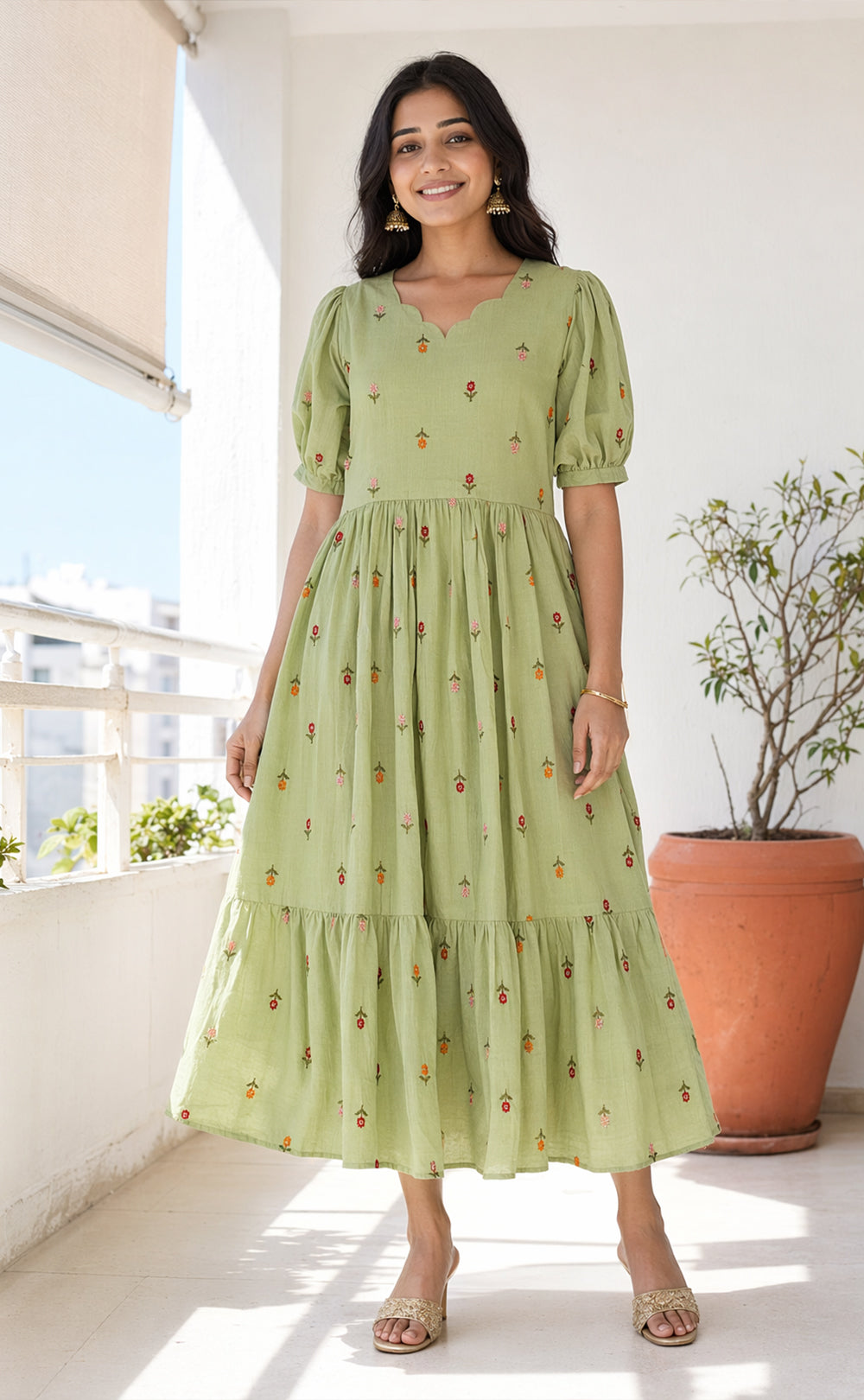 Mint Green Mul Chanderi All-Over Thread Flower Work Kurti Gown