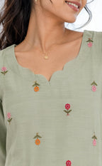 Mint Green Mul Chanderi All-Over Thread Flower Work Kurti Gown