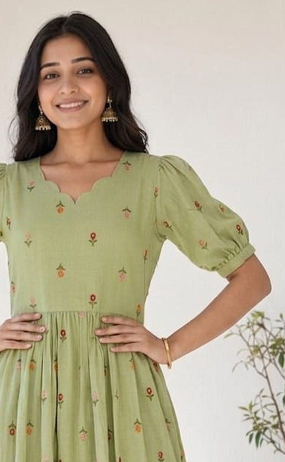Mint Green Mul Chanderi All-Over Thread Flower Work Kurti Gown