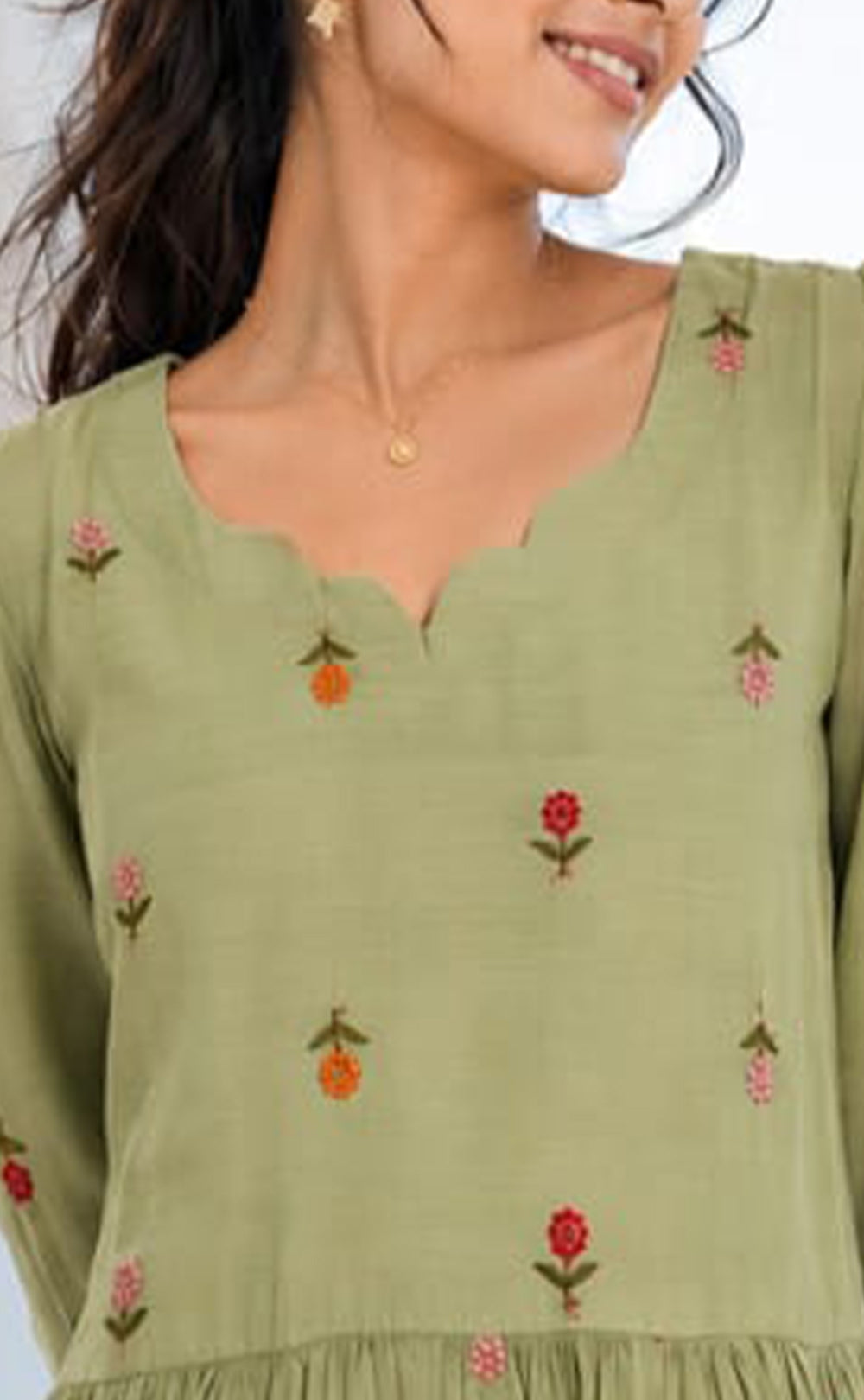 Mint Green Mul Chanderi All-Over Thread Flower Work Kurti Gown
