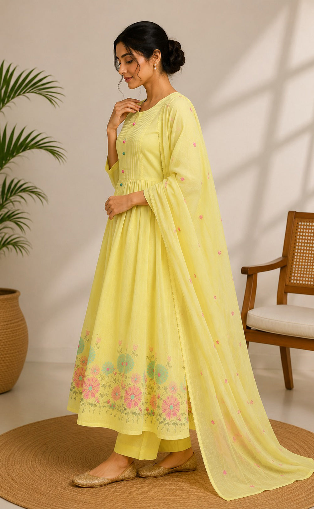 Yellow Cotton Thread Embroidery Kurti Set