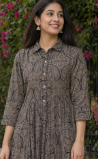 Black Cotton All-Over Floral Printed Kurti Gown