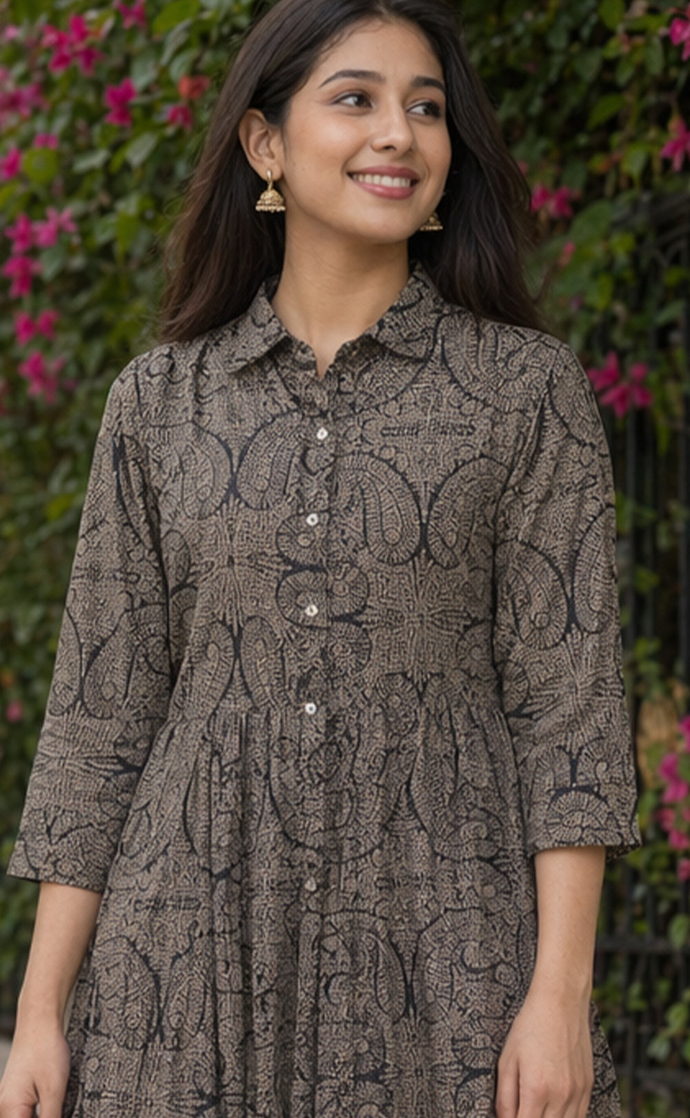 Black Cotton All-Over Floral Printed Kurti Gown
