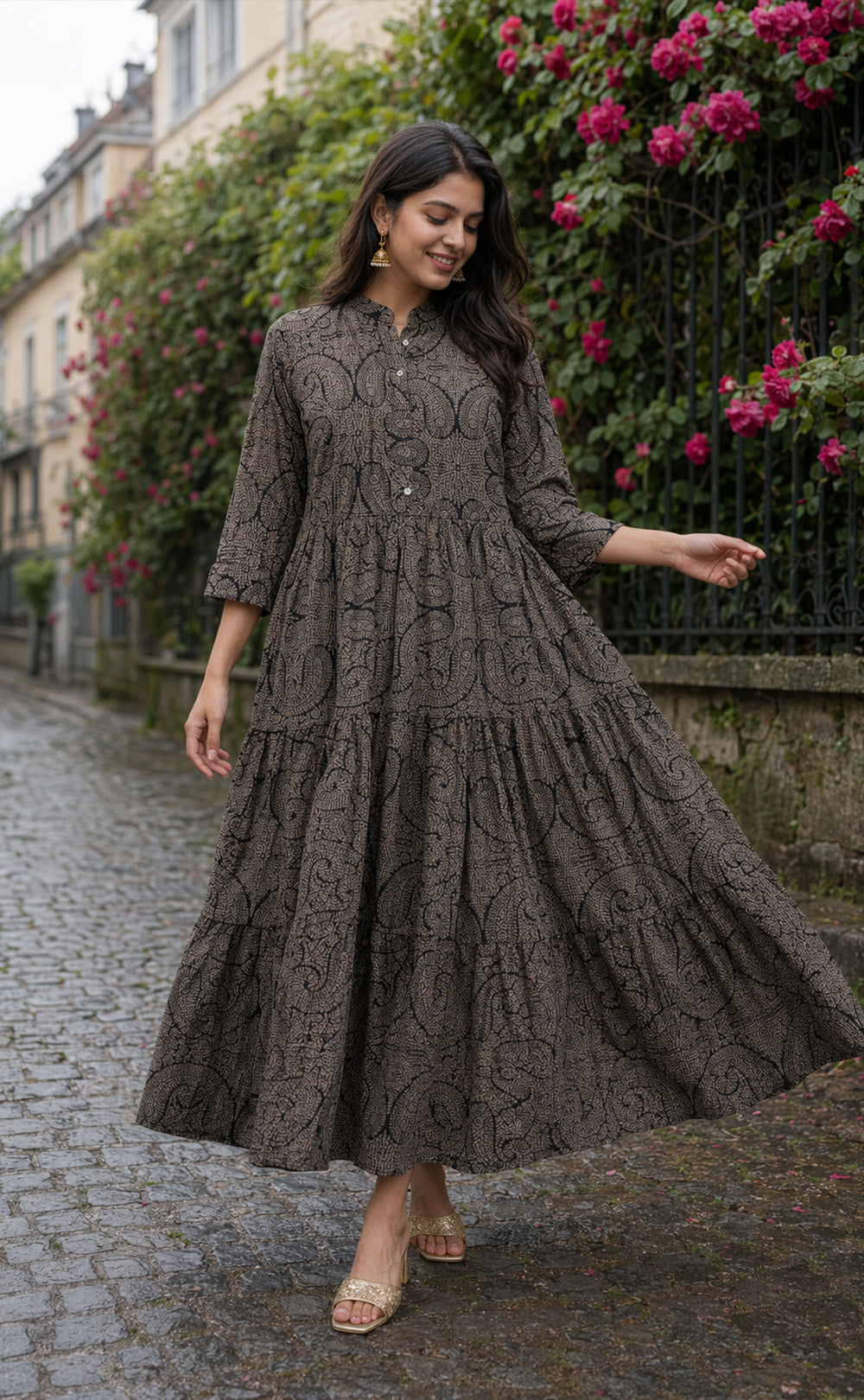 Black Cotton All-Over Floral Printed Kurti Gown