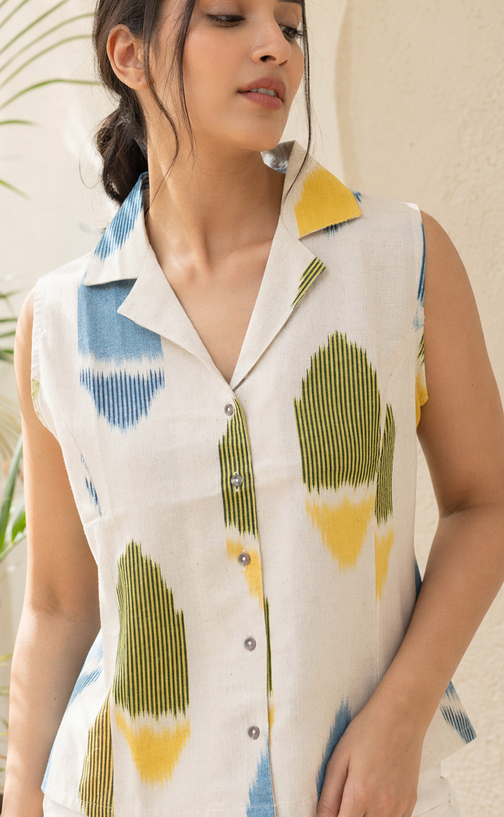 Half White Cotton All-Over Ikkat Printed Co-ord Set