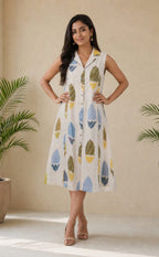 Half White Cotton All-Over Ikkat Printed Co-ord Set