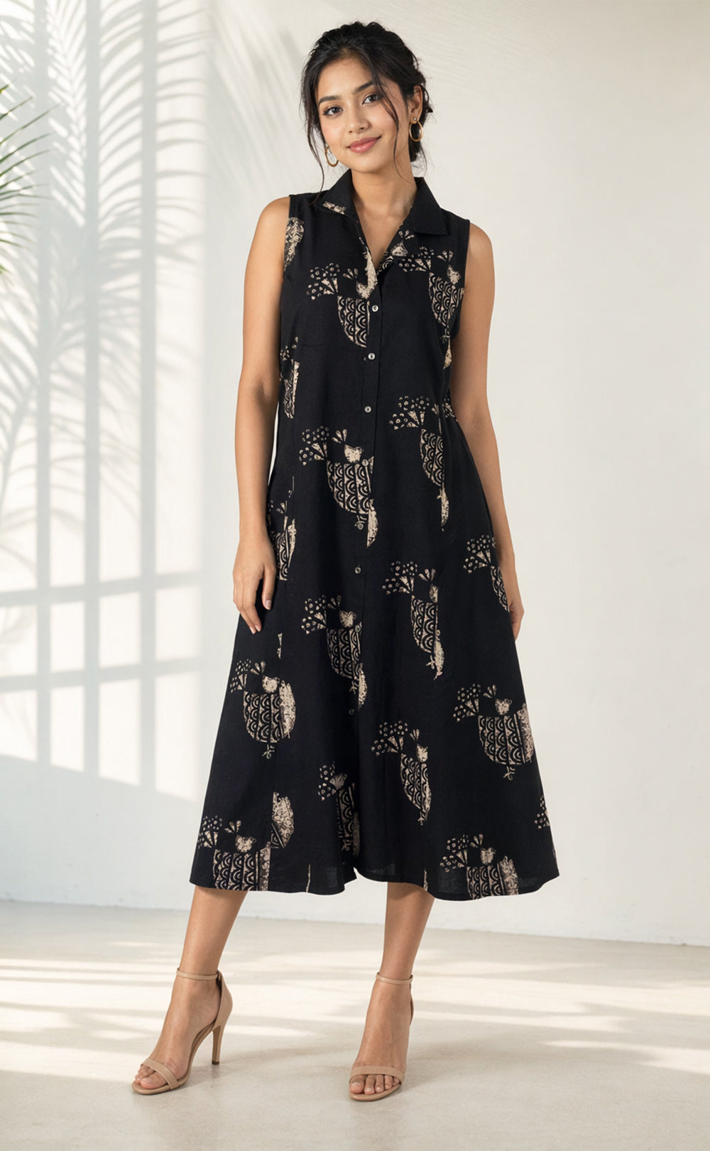 Black Cotton All-Over Bird Printed Flare Kurti