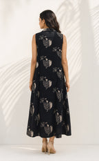 Black Cotton All-Over Bird Printed Flare Kurti