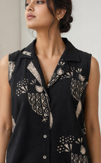 Black Cotton All-Over Bird Printed Flare Kurti