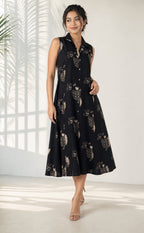 Black Cotton All-Over Bird Printed Flare Kurti