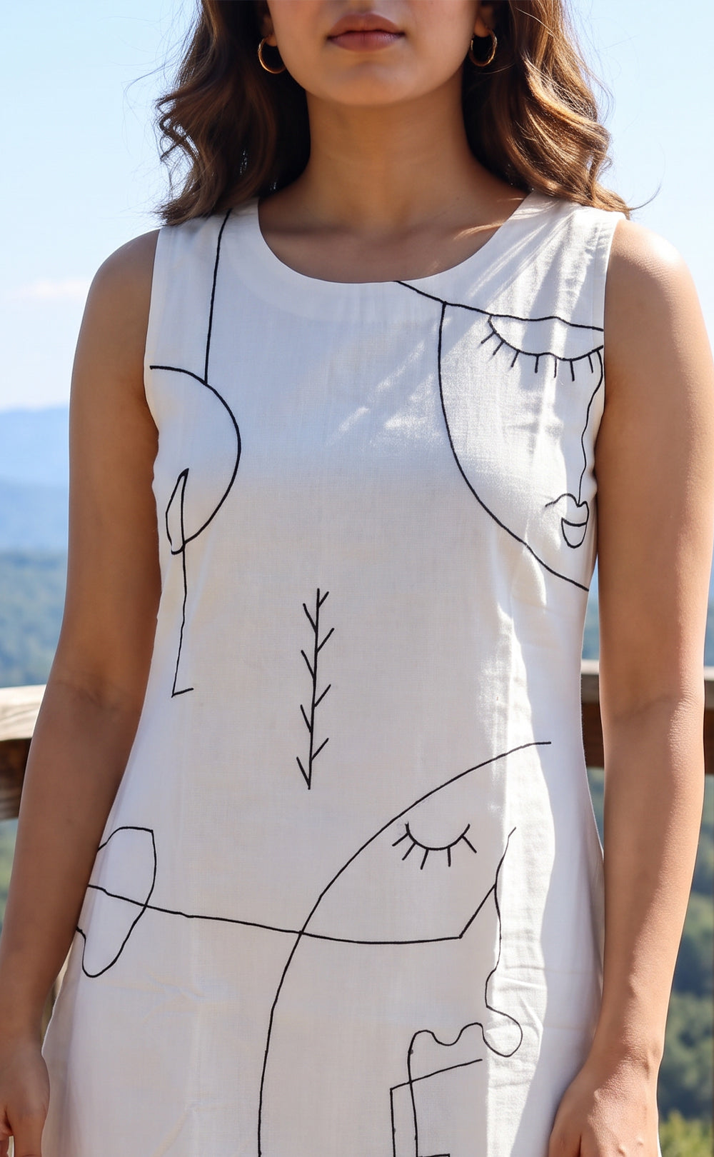 White Cotton Abstract Face Line Printed Flare Kurti