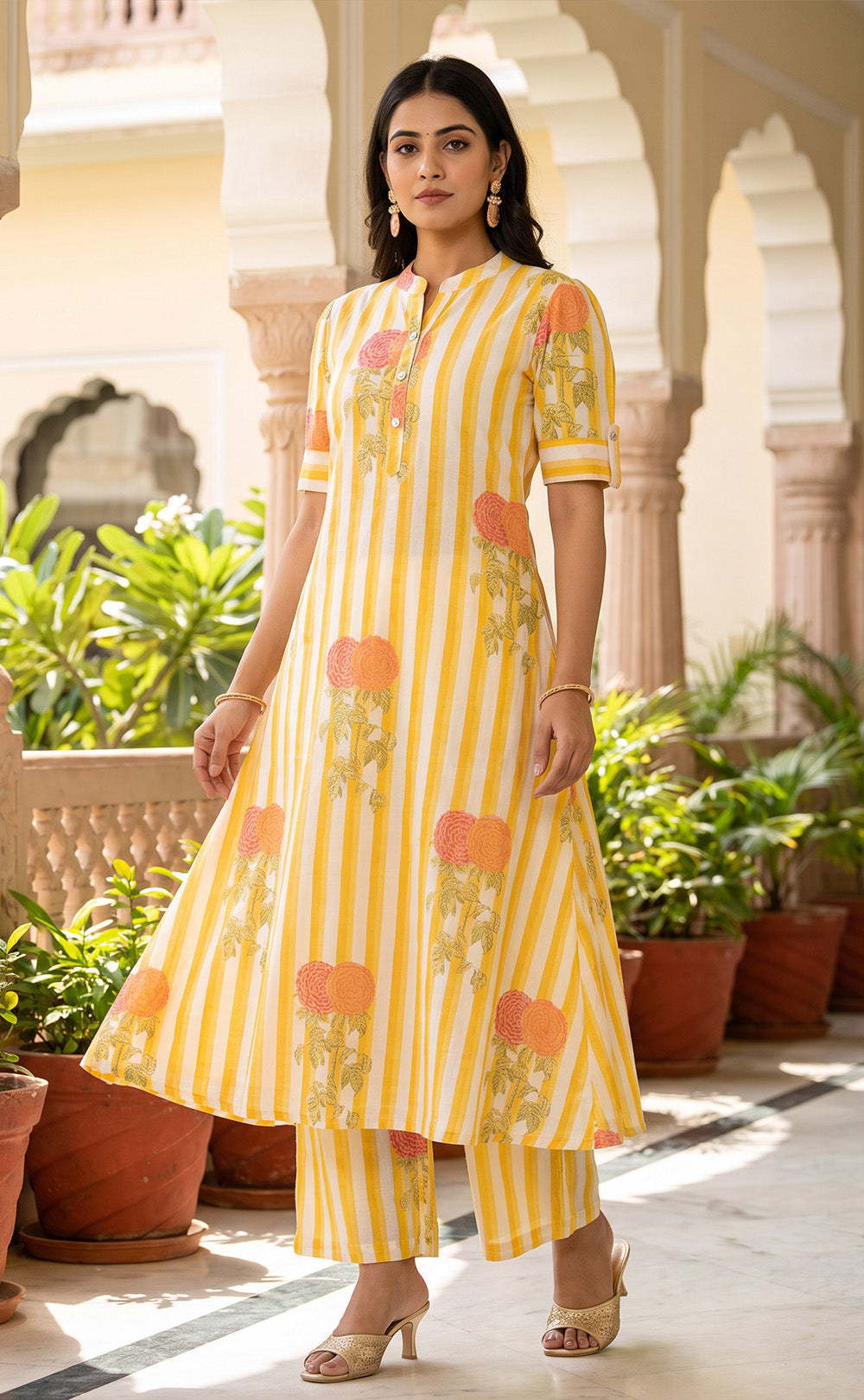 Yellow Cotton Vertical Stripe Floral Printed Co-ord Set