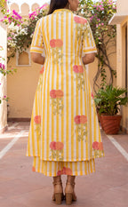 Yellow Cotton Vertical Stripe Floral Printed Co-ord Set