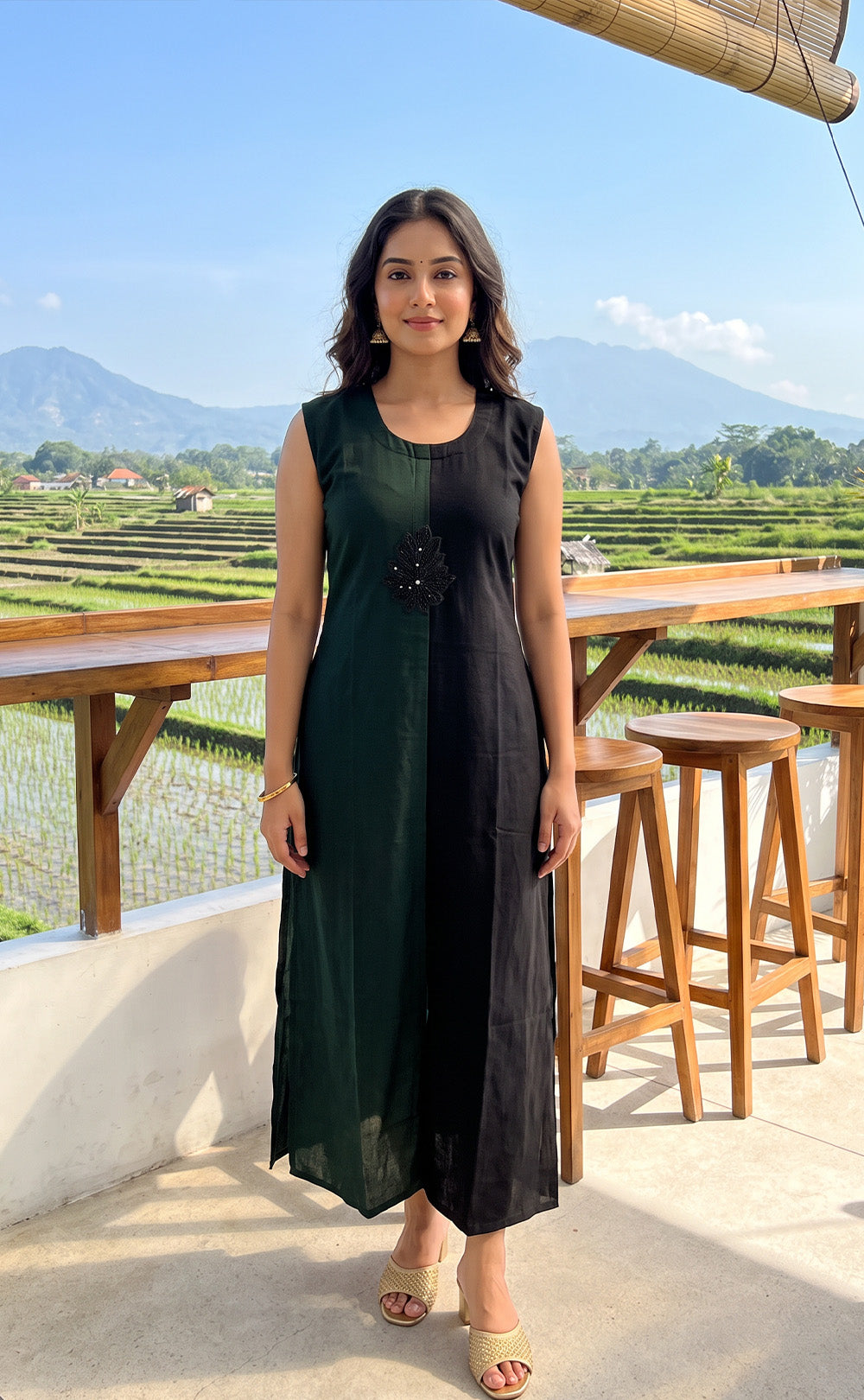 Dark Green And Black Georgette Straight Kurti