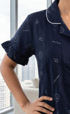 Navy Blue Teddy Bear Face Printed Night Suit