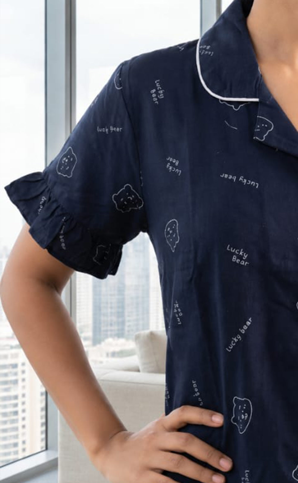 Navy Blue Teddy Bear Face Printed Night Suit