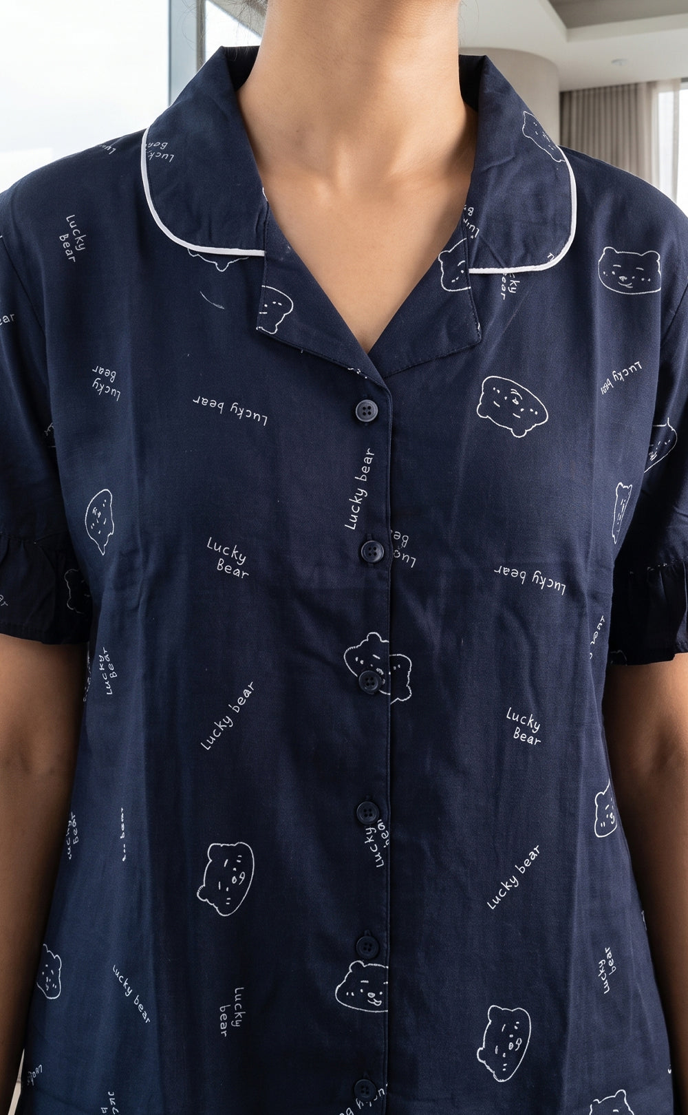 Navy Blue Teddy Bear Face Printed Night Suit