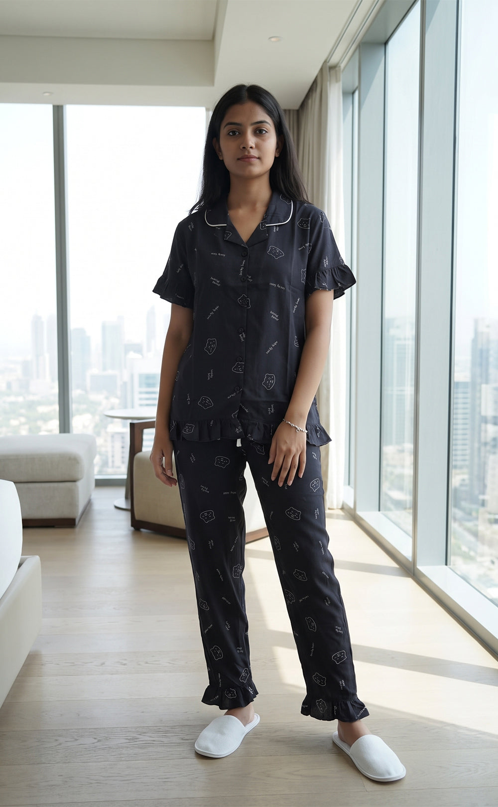 Navy Blue Teddy Bear Face Printed Night Suit