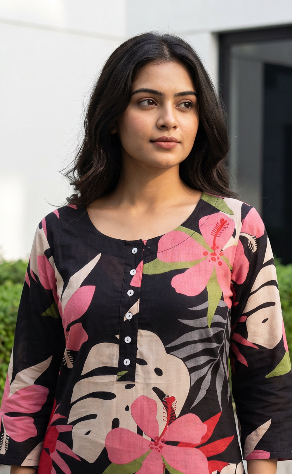 Black Cotton Floral Leaf Printed Straight Kurti