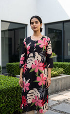 Black Cotton Floral Leaf Printed Straight Kurti