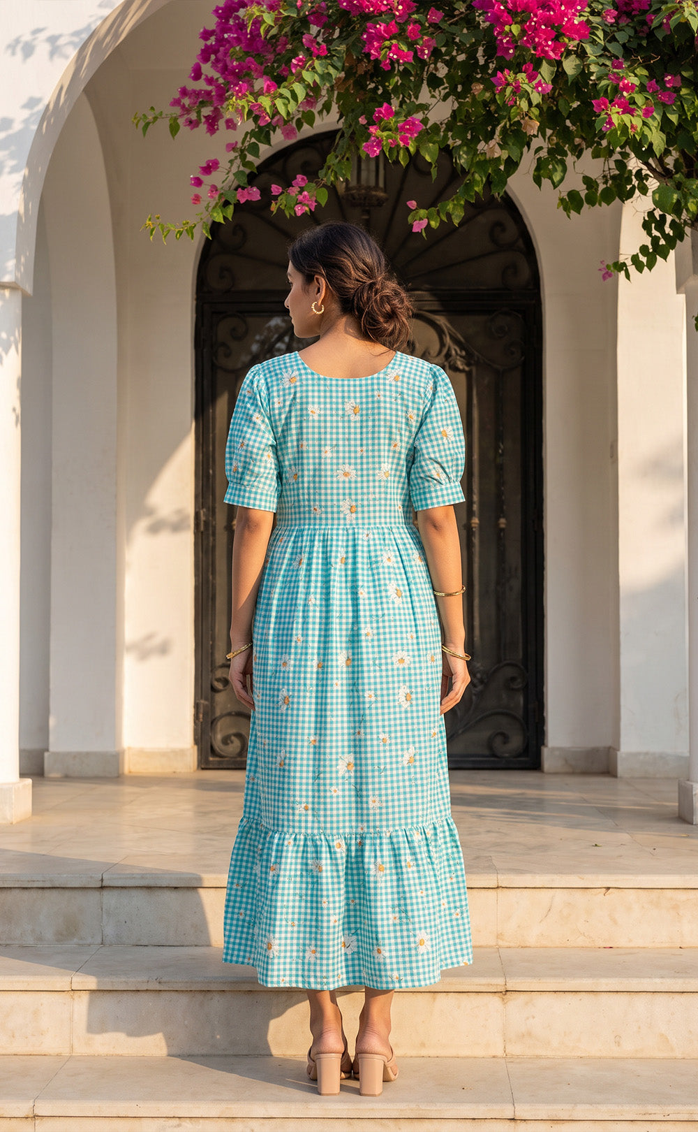 Sky Blue Mul Cotton All-Over Schiffli And Checks Printed Flare Kurti