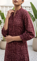 Dark Maroon Cotton All-Over Ethnic Printed Flare Kurti