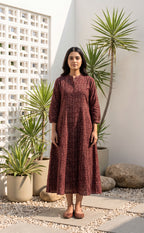 Dark Maroon Cotton All-Over Ethnic Printed Flare Kurti