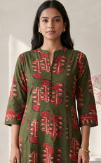 Mehndi Green Cotton Botanical and large Leaf Printed Kurti Set