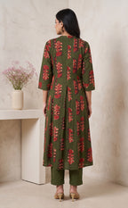 Mehndi Green Cotton Botanical and large Leaf Printed Kurti Set