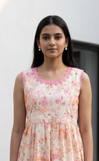 Peach Cotton All-Over Floral Printed Kurti Gown