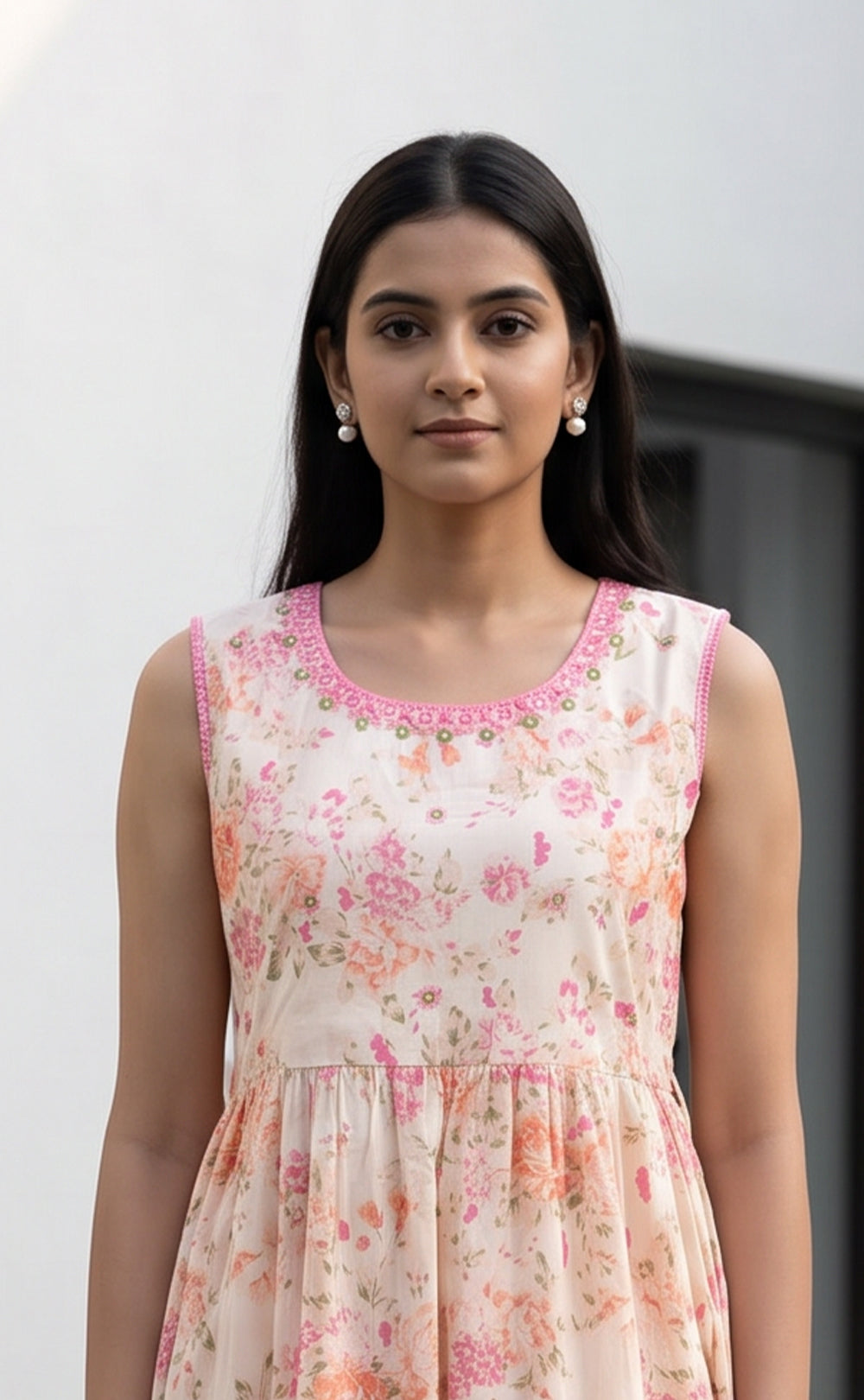 Peach Cotton All-Over Floral Printed Kurti Gown