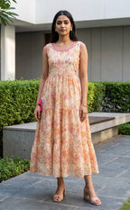 Peach Cotton All-Over Floral Printed Kurti Gown