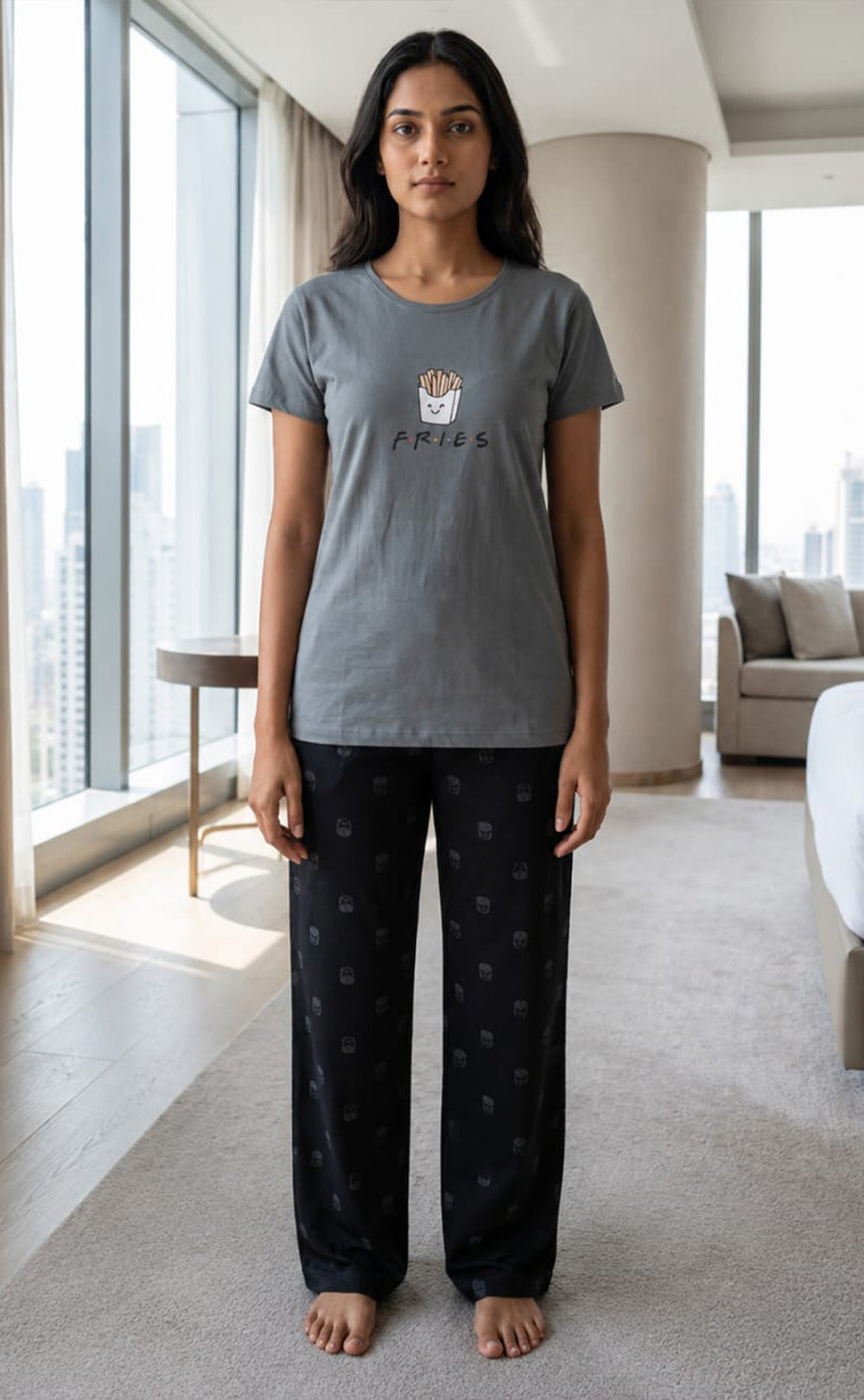 Steel Grey Placement Printed Night Suit