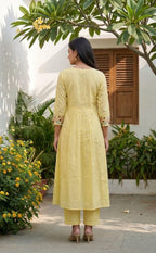 Yellow Cotton Multi Colour Thread Embroidery Kurti Set