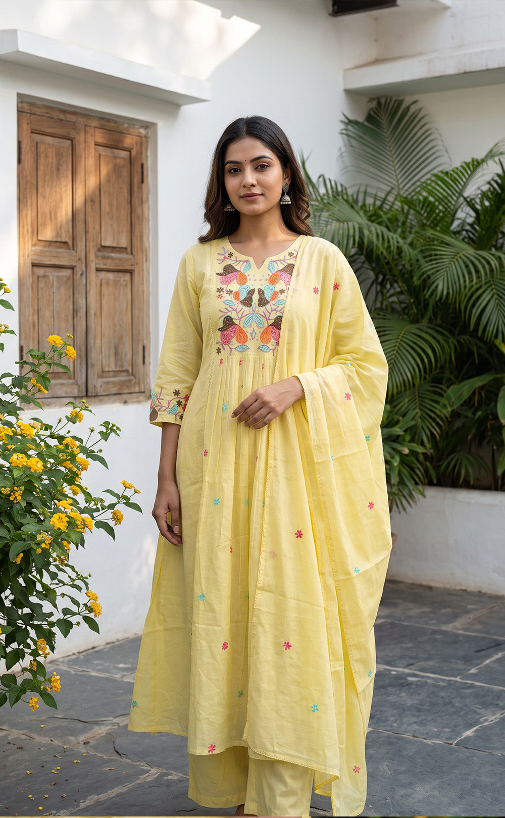 Yellow Cotton Multi Colour Thread Embroidery Kurti Set