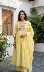 Yellow Cotton Multi Colour Thread Embroidery Kurti Set