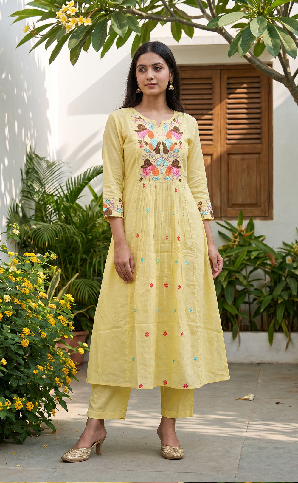 Yellow Cotton Multi Colour Thread Embroidery Kurti Set