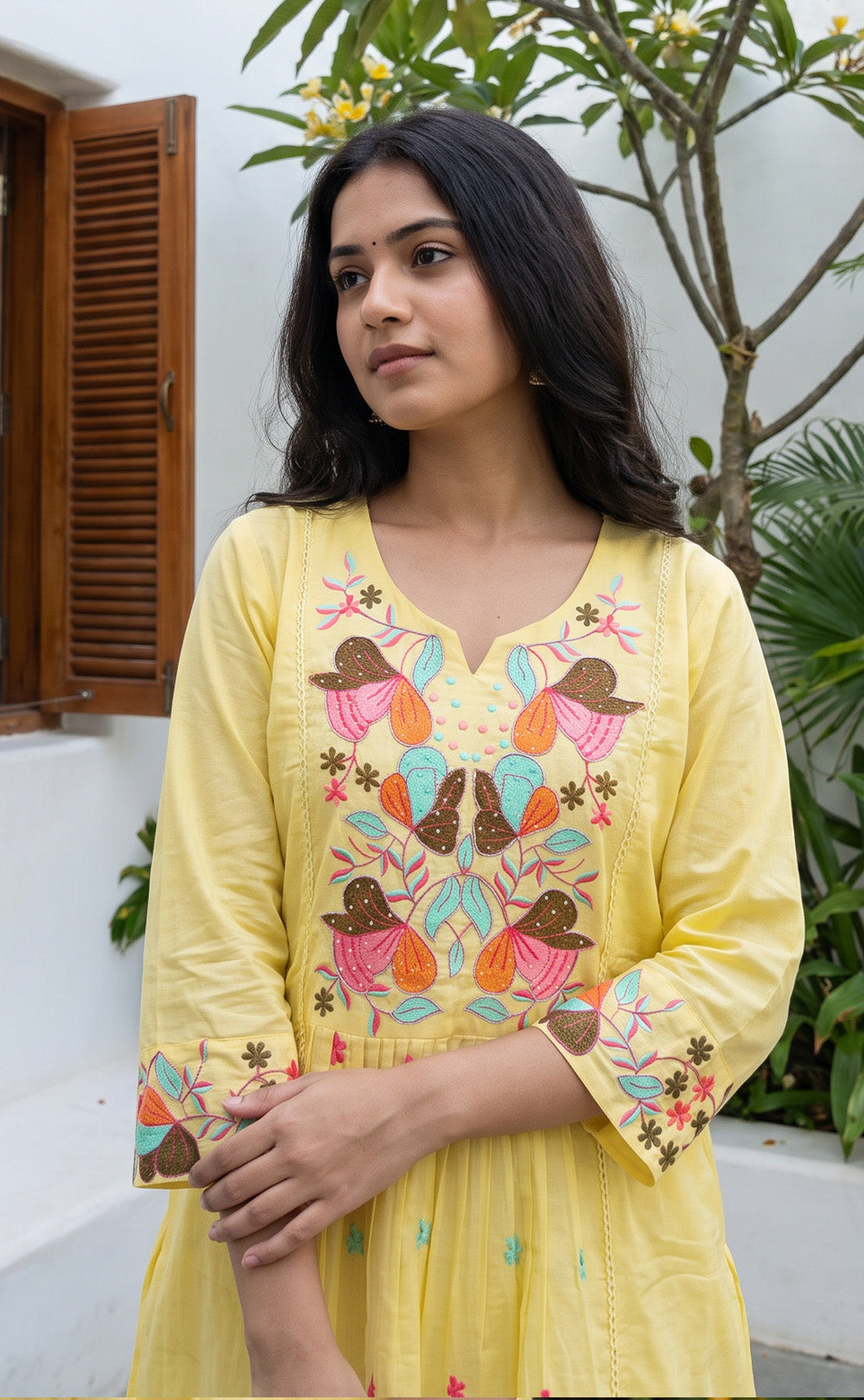 Yellow Cotton Multi Colour Thread Embroidery Kurti Set