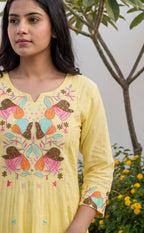 Yellow Cotton Multi Colour Thread Embroidery Kurti Set