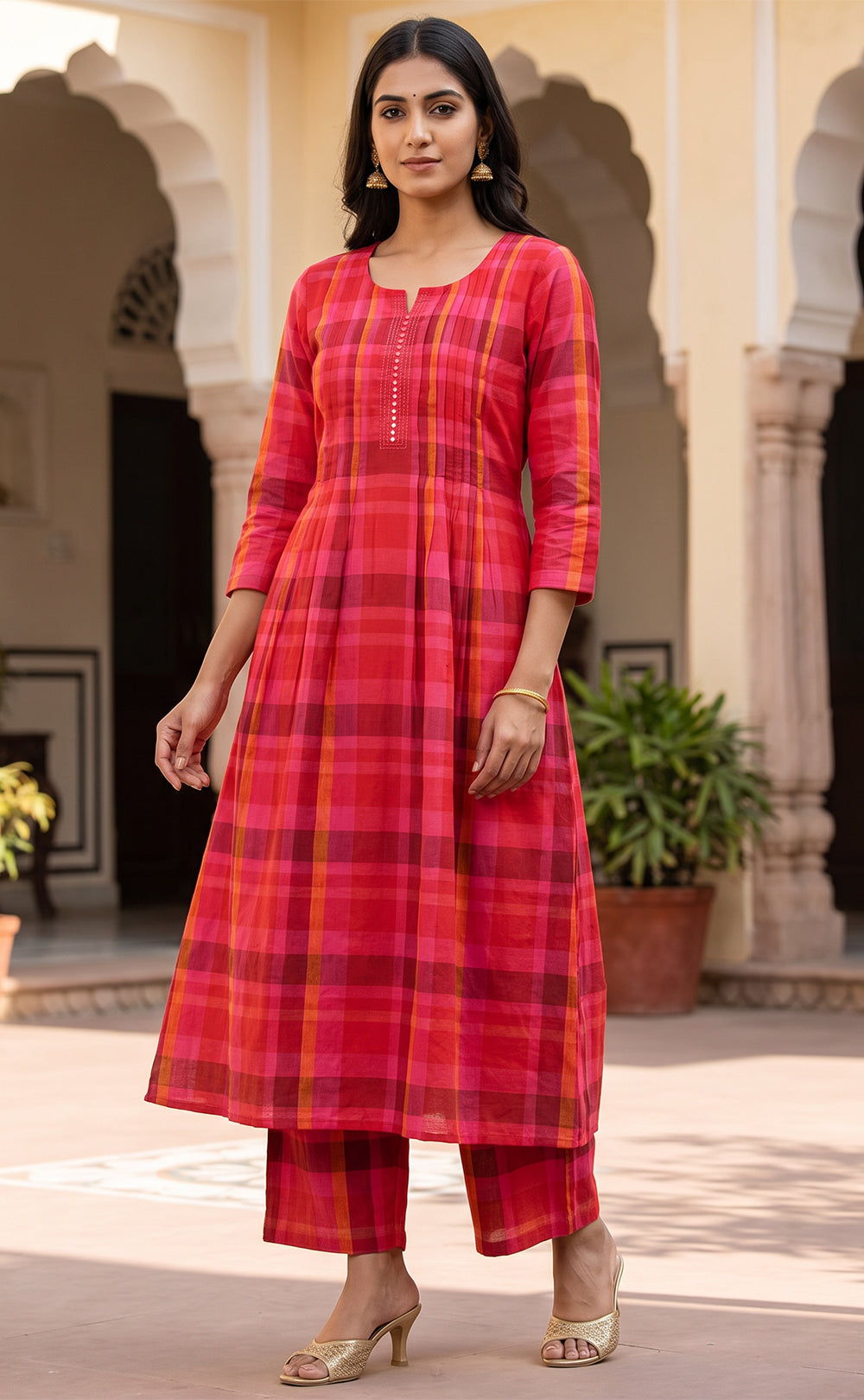 Rani Pink Cotton Checks Printed Co-ord Set