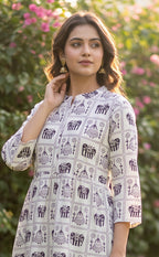 White Cotton All-Over Elephant And Geometric Printed Kurti Gown
